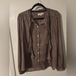 LOFT Taupe Ruffle Front Blouse